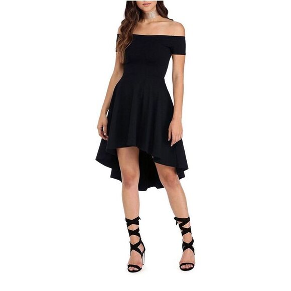 NWT Womens Sarin Mathews High Low Off The Shoulder Black Evening Dress - Sz L - Picture 1 of 5